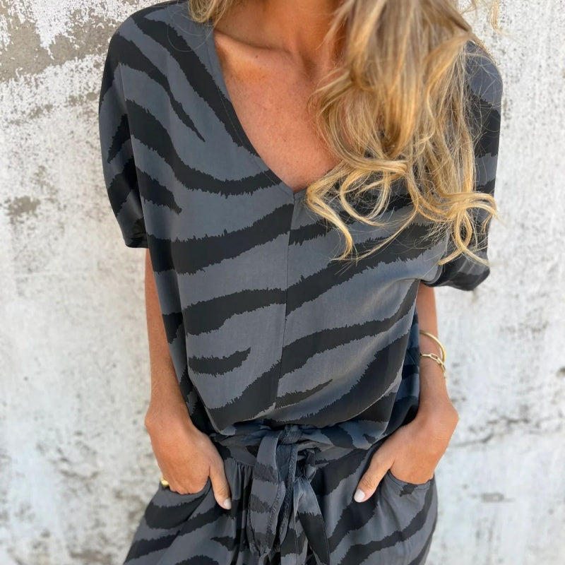 💞Women's Zebra Print V-Neck Top & Pants (2-Piece Set)