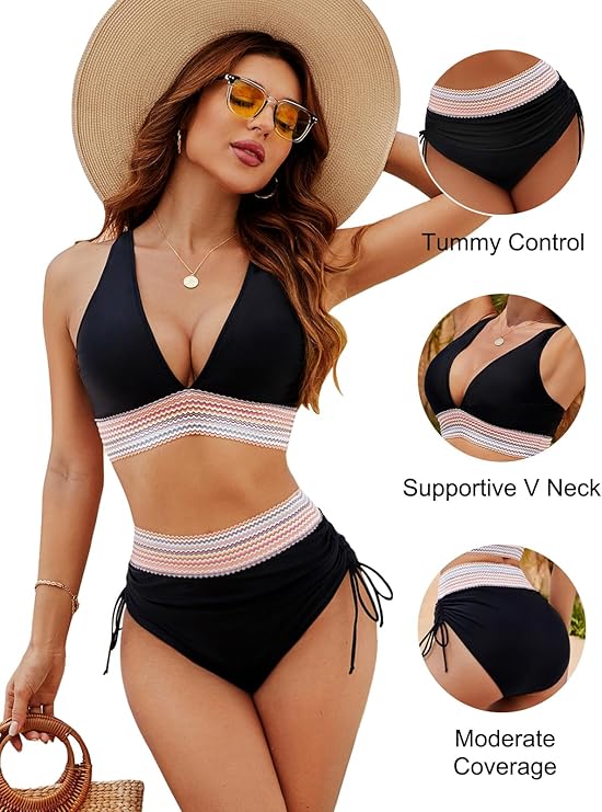 ✨New Arrival✨👙High Waisted Tummy Control Colour Block Bikini Sets