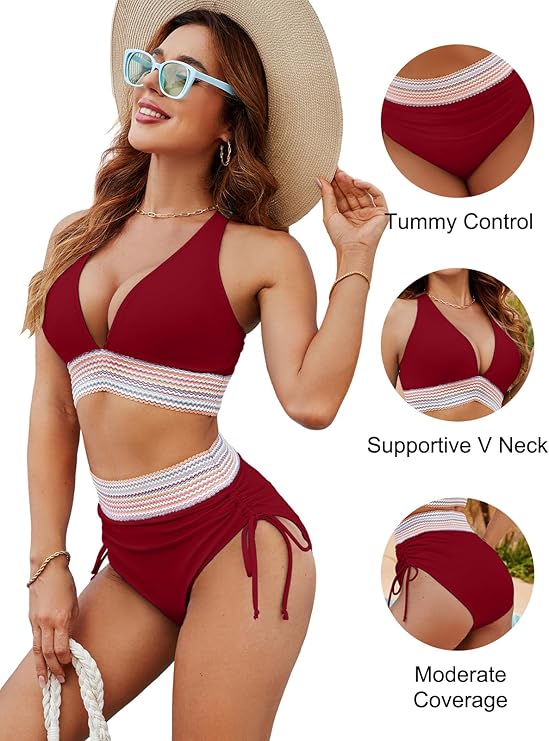 ✨New Arrival✨👙High Waisted Tummy Control Colour Block Bikini Sets