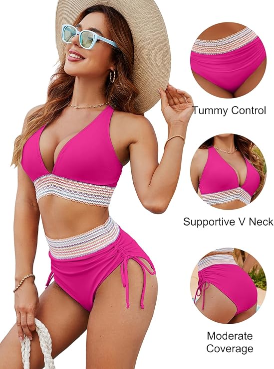 ✨New Arrival✨👙High Waisted Tummy Control Colour Block Bikini Sets