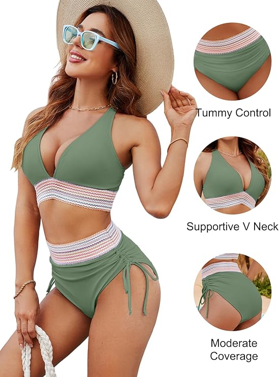✨New Arrival✨👙High Waisted Tummy Control Colour Block Bikini Sets