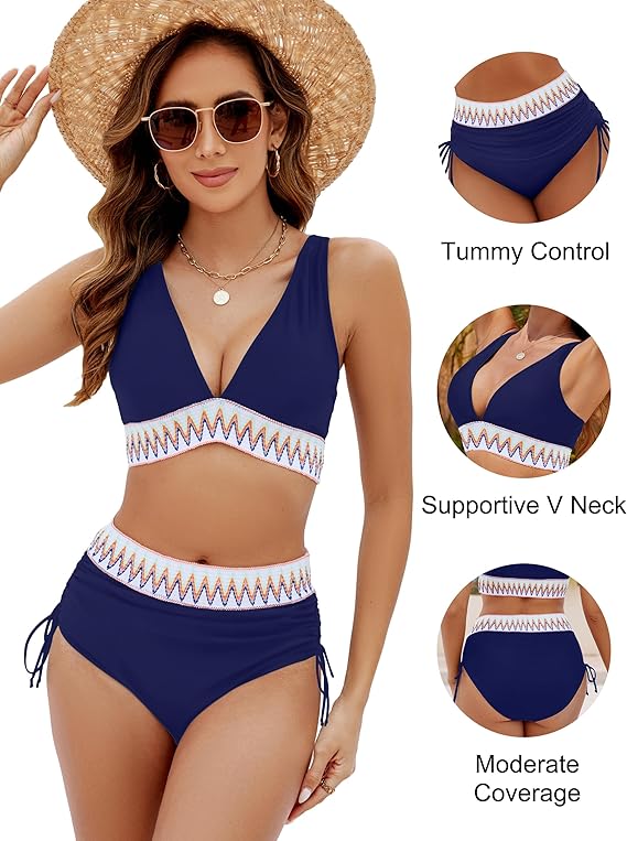 ✨New Arrival✨👙High Waisted Tummy Control Colour Block Bikini Sets