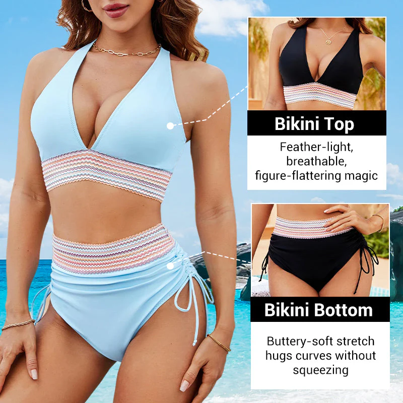 ✨New Arrival✨👙High Waisted Tummy Control Colour Block Bikini Sets
