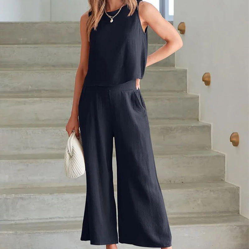 Women’s Cotton Linen 2-Piece Set Sleeveless Short Top and Wide Leg Pants