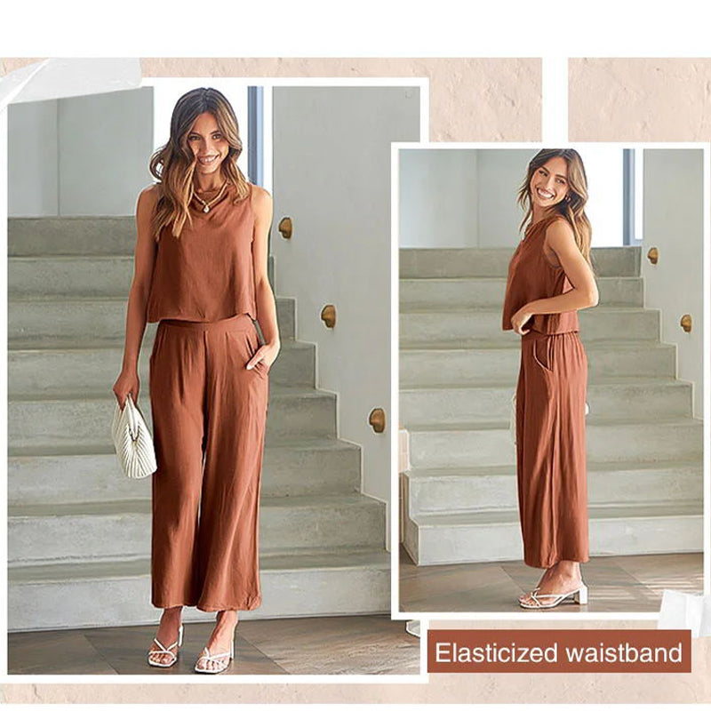 Women’s Cotton Linen 2-Piece Set Sleeveless Short Top and Wide Leg Pants