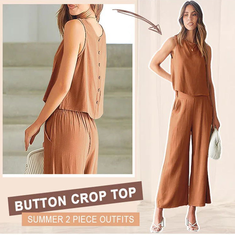 Women’s Cotton Linen 2-Piece Set Sleeveless Short Top and Wide Leg Pants