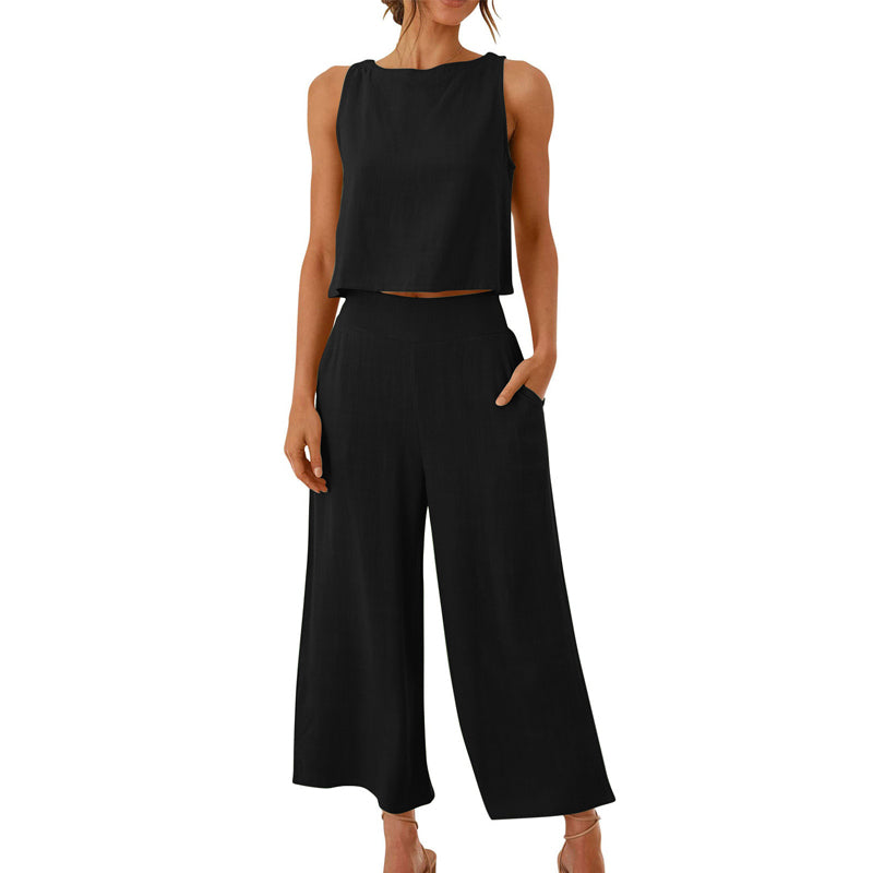Women’s Cotton Linen 2-Piece Set Sleeveless Short Top and Wide Leg Pants