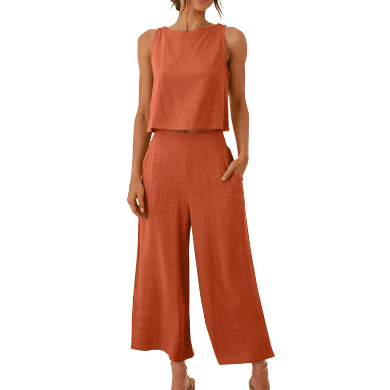 Women’s Cotton Linen 2-Piece Set Sleeveless Short Top and Wide Leg Pants
