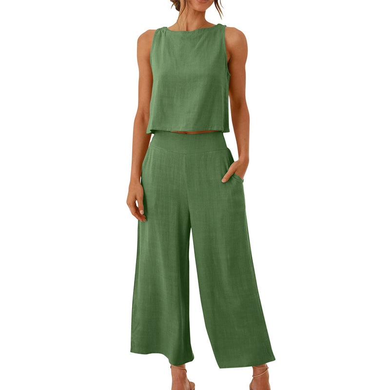 Women’s Cotton Linen 2-Piece Set Sleeveless Short Top and Wide Leg Pants