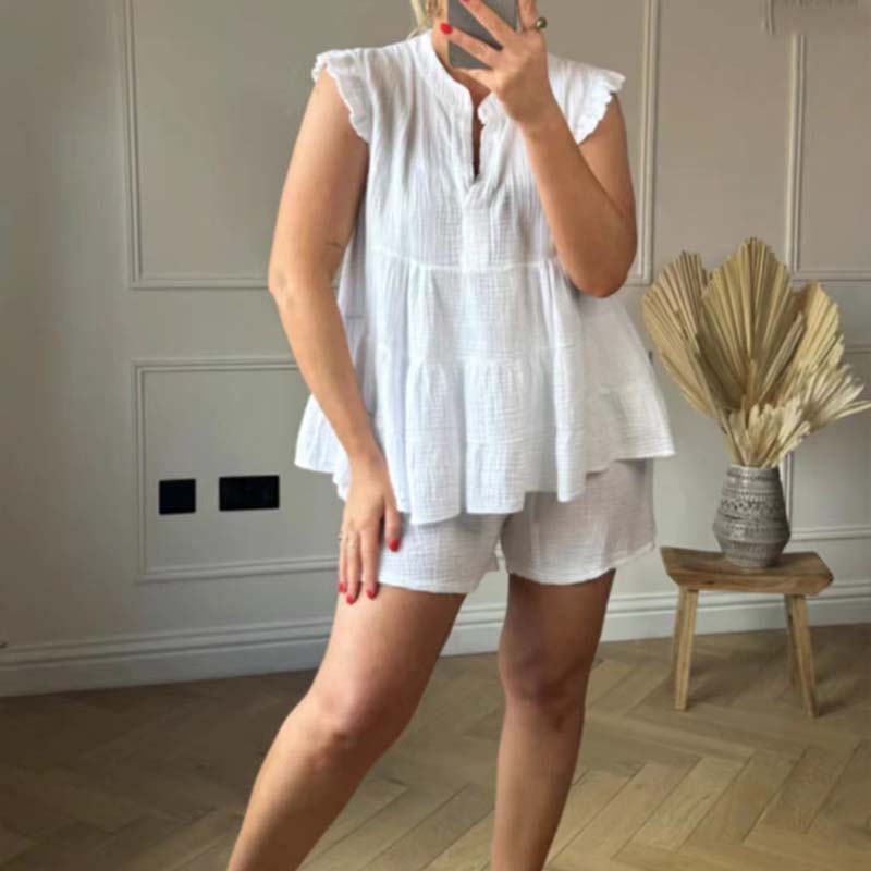 😍Best Sellers😍Women's Cheesecloth Ruffle Shorts & Top Set 【Factory Direct Sales】