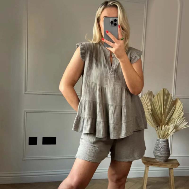 😍Best Sellers😍Women's Cheesecloth Ruffle Shorts & Top Set 【Factory Direct Sales】