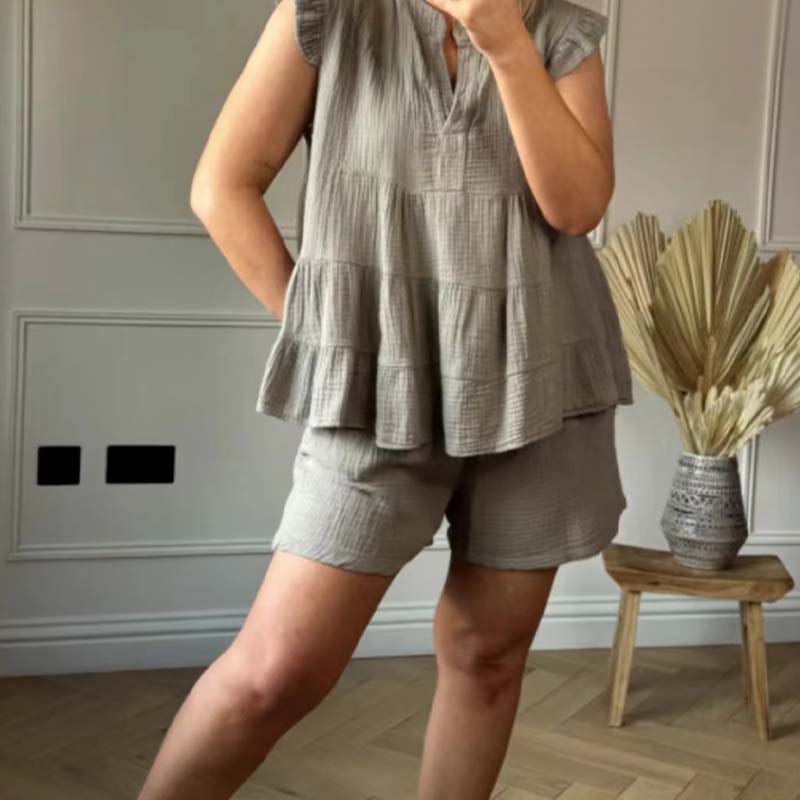 😍Best Sellers😍Women's Cheesecloth Ruffle Shorts & Top Set 【Factory Direct Sales】