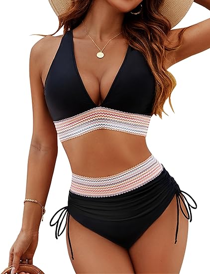 ✨New Arrival✨👙High Waisted Tummy Control Colour Block Bikini Sets