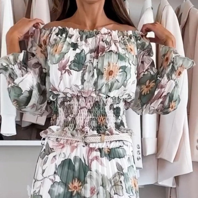 🌸Seasonal dress 50% OFF👗Floral Print Off-Shoulder Top & Maxi Skirt Two-Piece Set💕