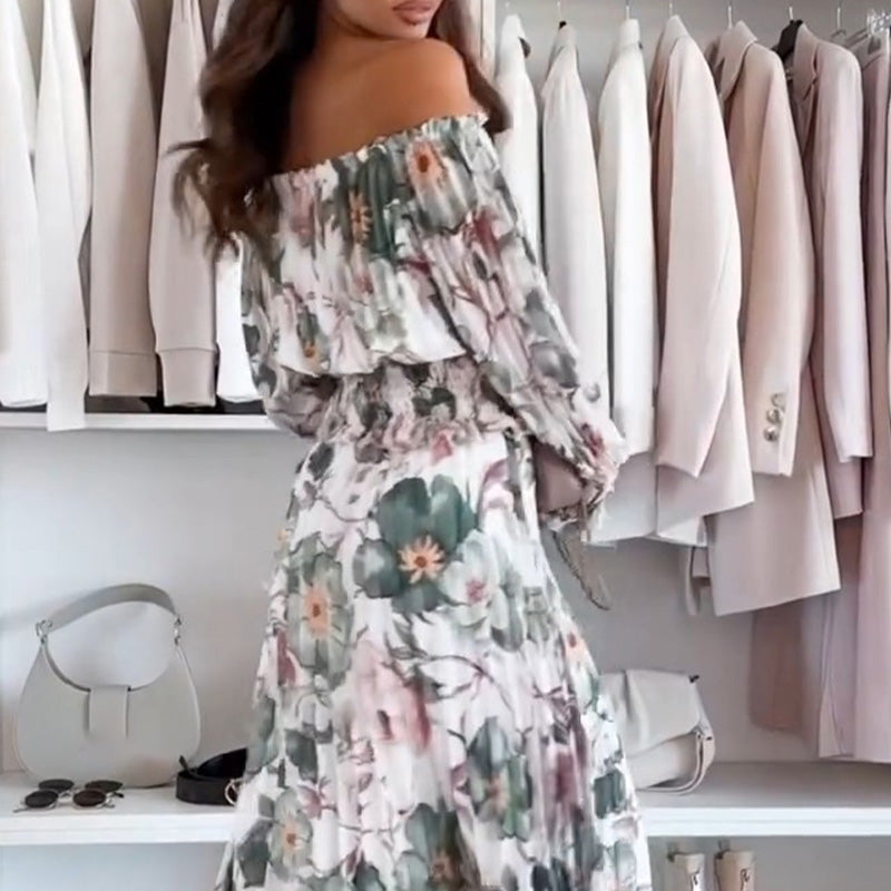 🌸Seasonal dress 50% OFF👗Floral Print Off-Shoulder Top & Maxi Skirt Two-Piece Set💕