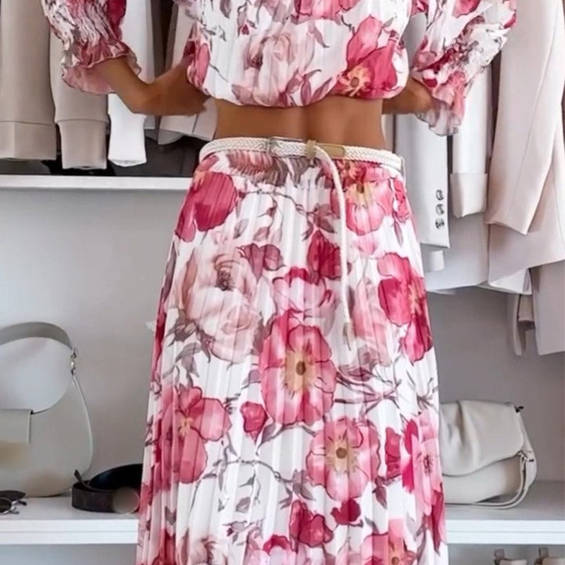 🌸Seasonal dress 50% OFF👗Floral Print Off-Shoulder Top & Maxi Skirt Two-Piece Set💕