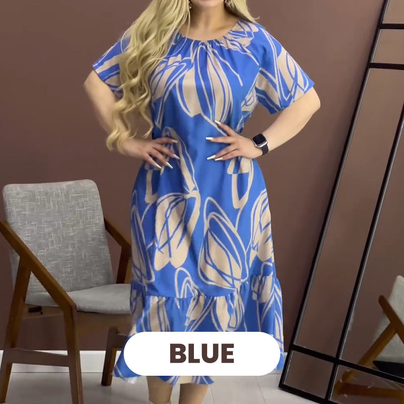 Elegant Round Neck Printed Flowy Dress