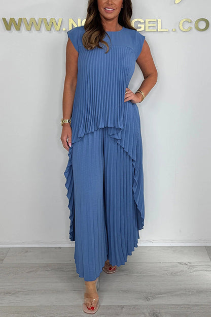 ⏳Limited time 50% OFF⏳🔥Laney Pleated Short Sleeve Irregular Midi Top and Elastic Waist Wide Leg Pants Set✨
