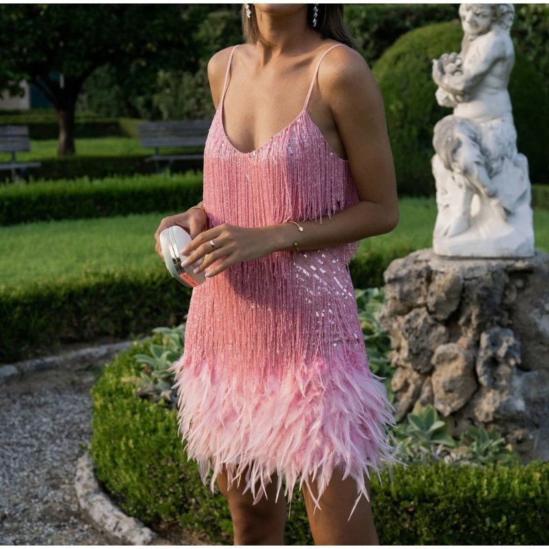 🔥Last Day Promotion 47% OFF💝Women's Feather Fringe Sequin Spaghetti Strap Dress