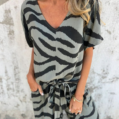 💞Women's Zebra Print V-Neck Top & Pants (2-Piece Set)