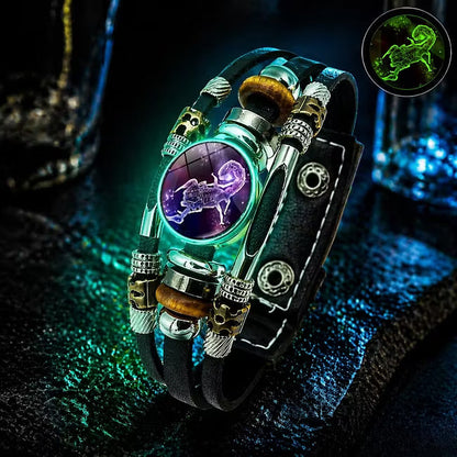 🎉 2026 Sale — Over 21 300 Sold!🔥 Glow‑in‑the‑dark Leather Zodiac Sign Bracelet