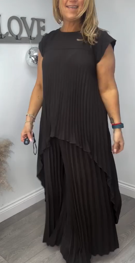 ⏳Limited time 50% OFF⏳🔥Laney Pleated Short Sleeve Irregular Midi Top and Elastic Waist Wide Leg Pants Set✨