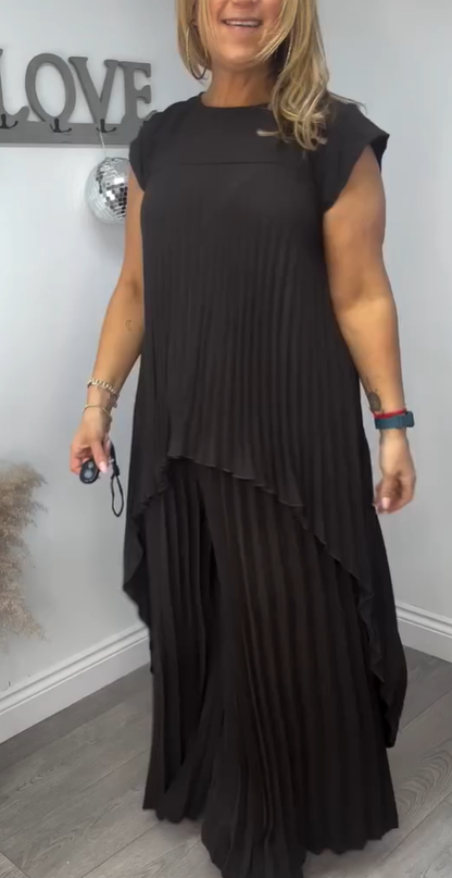 ⏳Limited time 50% OFF⏳🔥Laney Pleated Short Sleeve Irregular Midi Top and Elastic Waist Wide Leg Pants Set✨