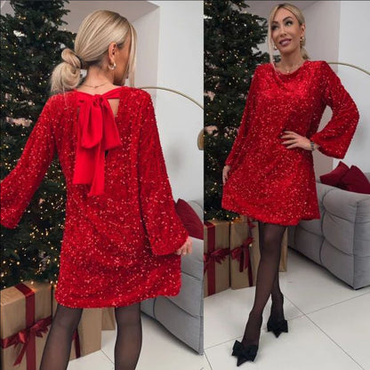 💃Limited Time 49% Off🎀Dance All Night Sequin Back Tie Up Bow Loose Mini Cutee Dress🎀