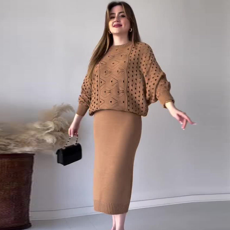 Knit Openwork Long Sleeve Top & Sleeveless Dress Set