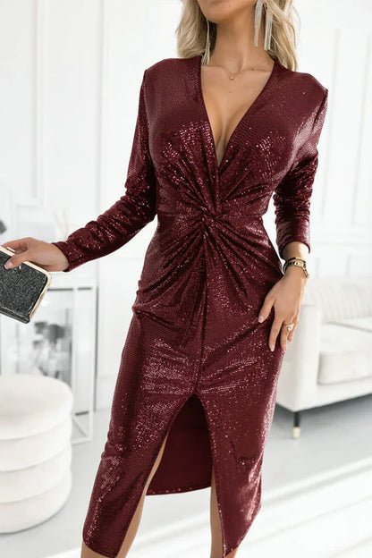 🎅Christmas Sale 60% OFF🎁Women V-neck Pleated Sequined Slit Elegant Temperament Evening Party Dress