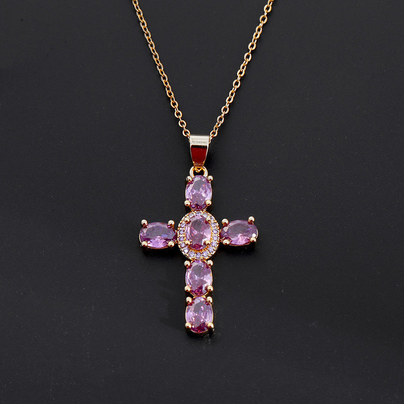 Women's Multicolored Sparkling Zircon Cross Necklace