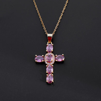Women's Multicolored Sparkling Zircon Cross Necklace