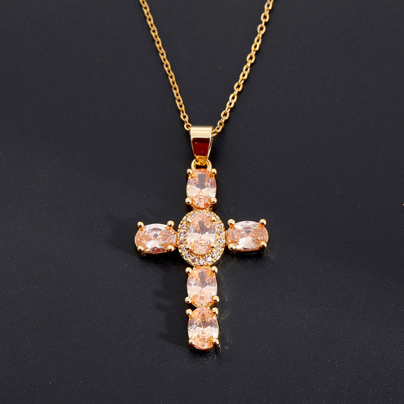 Women's Multicolored Sparkling Zircon Cross Necklace