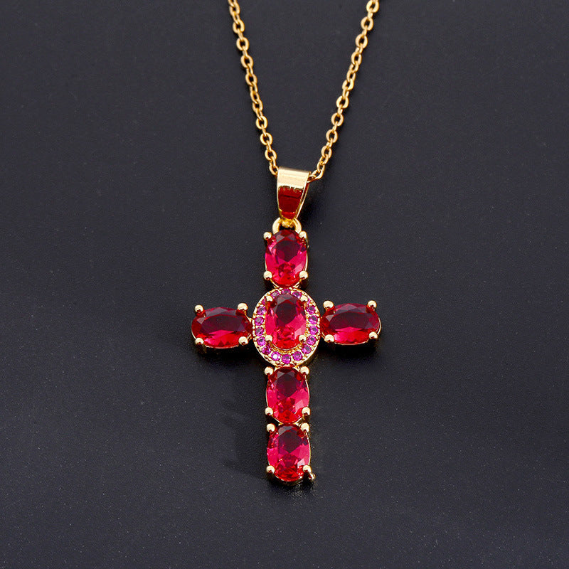 Women's Multicolored Sparkling Zircon Cross Necklace