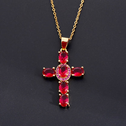 Women's Multicolored Sparkling Zircon Cross Necklace