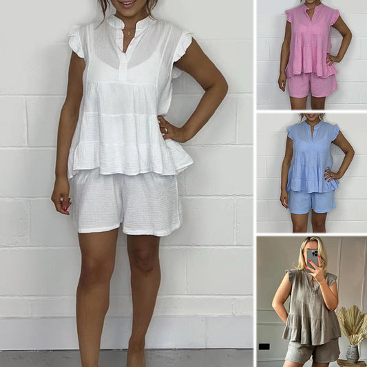 😍Best Sellers😍Women's Cheesecloth Ruffle Shorts & Top Set 【Factory Direct Sales】
