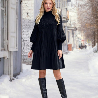 Women's Pleated Black Dress with Lantern Sleeve