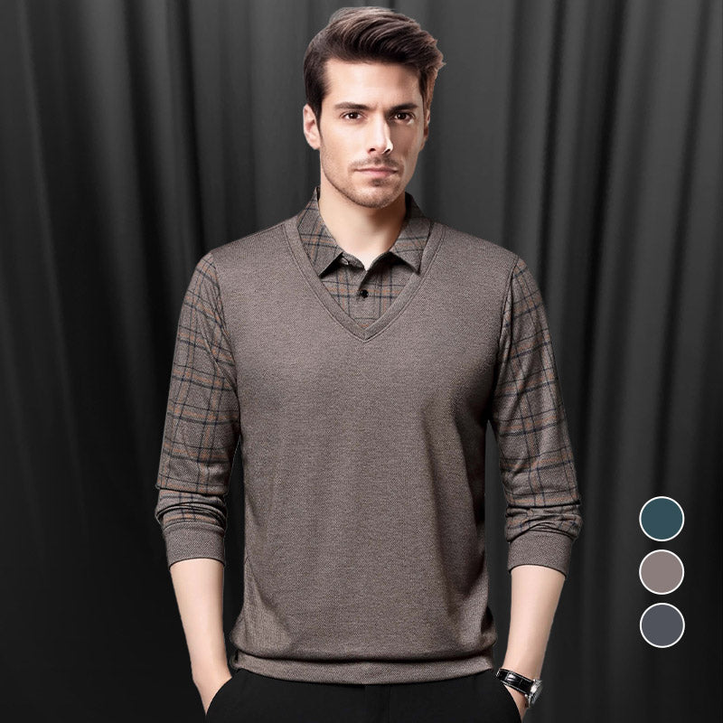 Men's Faux Two Piece Lapel Long-Sleeve Tops