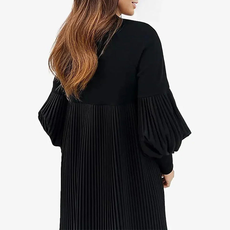 Women's Pleated Black Dress with Lantern Sleeve