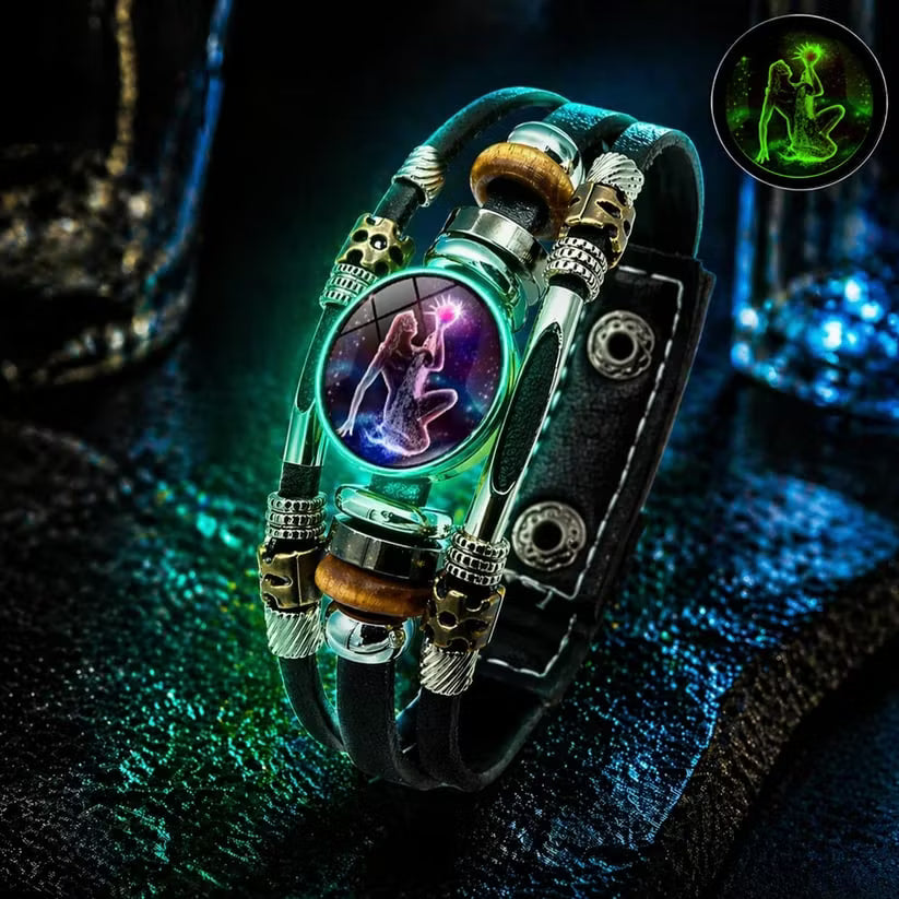 🎉 2026 Sale — Over 21 300 Sold!🔥 Glow‑in‑the‑dark Leather Zodiac Sign Bracelet