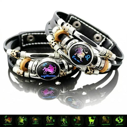 🎉 2026 Sale — Over 21 300 Sold!🔥 Glow‑in‑the‑dark Leather Zodiac Sign Bracelet