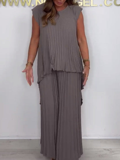 ⏳Limited time 50% OFF⏳🔥Laney Pleated Short Sleeve Irregular Midi Top and Elastic Waist Wide Leg Pants Set✨