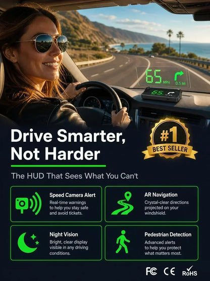 🚗50% OFF NOW! Head-Up Display Car GPS Digital Speedometer – Traffic Light Countdown & Red Light Camera Alert HUD, Universal Driver Safety Warning Device to Avoid Tickets for City Driving