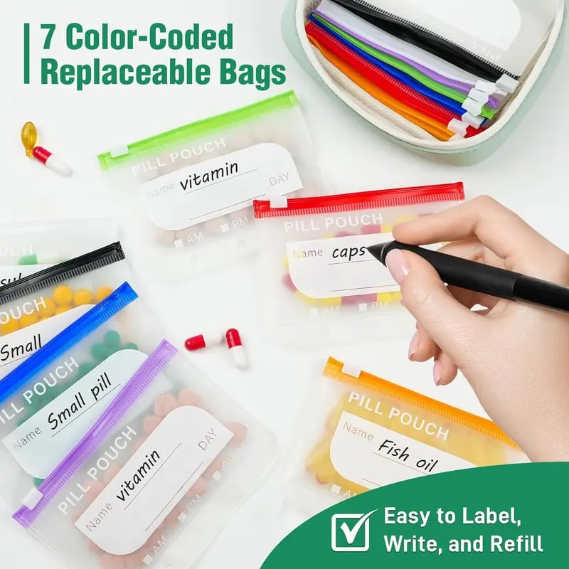 🥳 2026 HOT SALE 50% OFF! 💊 A8 Waterproof Pill Pouch Set – 65K+ SOLD! 14 Color-Coded Pouches, Waterproof & Crush-Proof Shell – Holds 7-14 Days of Meds 🗓️✨
