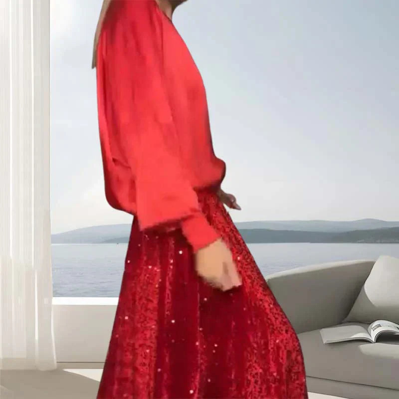 🎄✨Women's Long Sleeve Top & Sequin Maxi Skirt Two-Piece Set