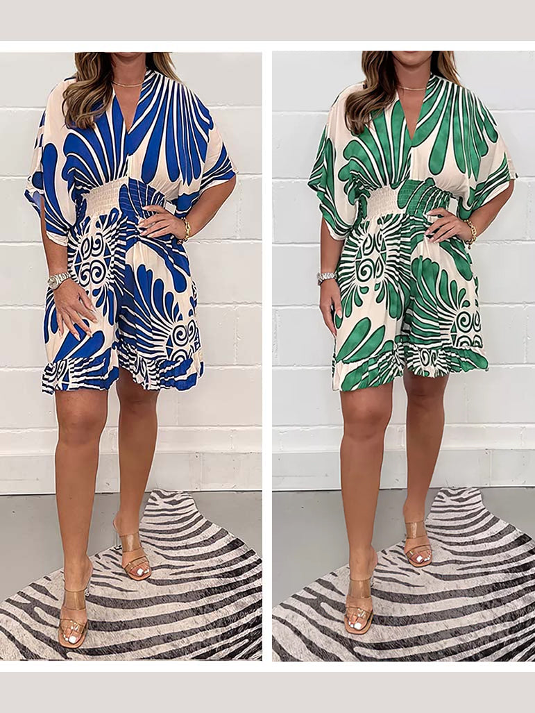💕Last Day Special Price 💕Women's Plant Printed Casual Short Jumpsuit
