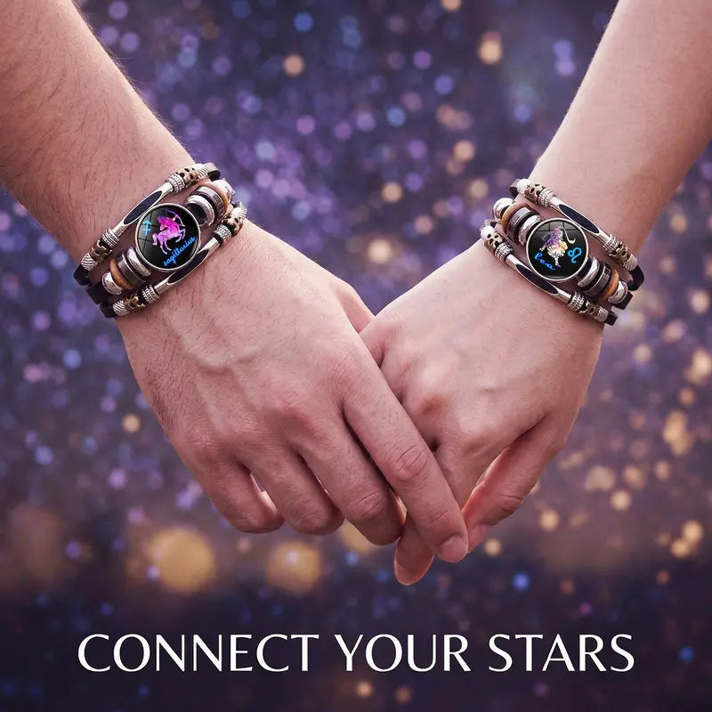 🎉 2026 Sale — Over 21 300 Sold!🔥 Glow‑in‑the‑dark Leather Zodiac Sign Bracelet