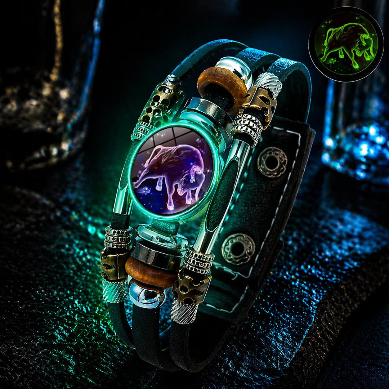 🎉 2026 Sale — Over 21 300 Sold!🔥 Glow‑in‑the‑dark Leather Zodiac Sign Bracelet