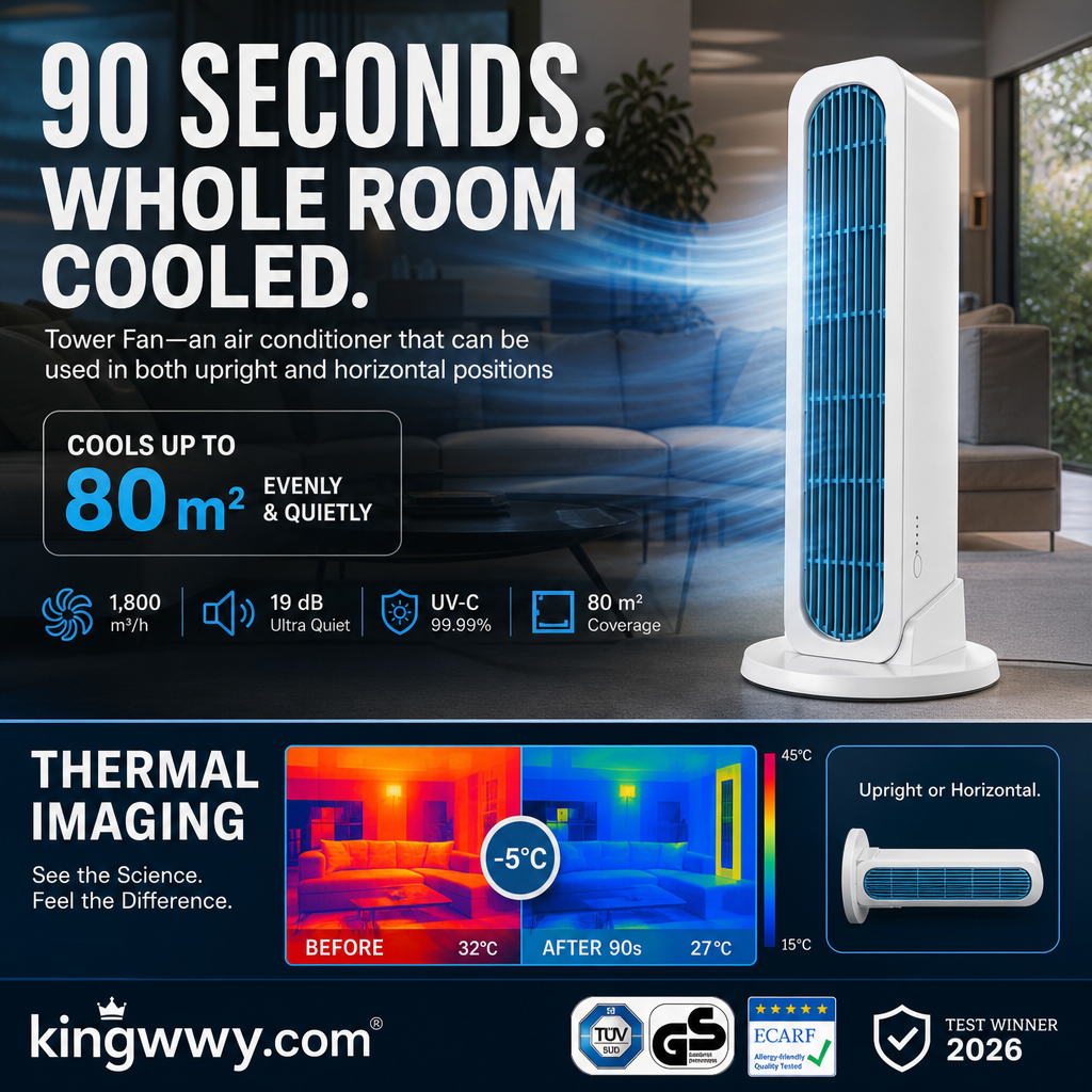 【Cool the Entire Room in 90 Seconds】Tower Fan—an air conditioner that can be used in both upright and horizontal positions