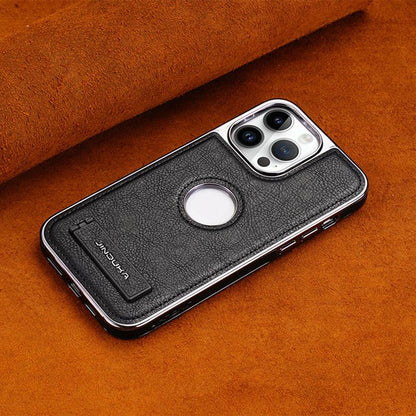 Invisible stand phone case with electroplated bezel and leather protector